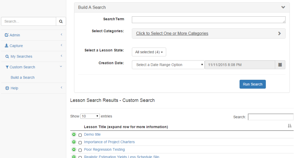 screenshot of Lessons Learned Database